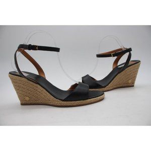 Tory Burch Black Marion Leather Espadrille Trim Quilted Wedge Sandals 9.5 M